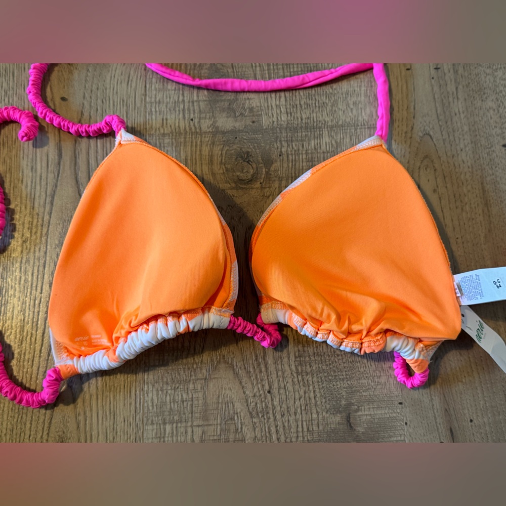 Aerie Real Good Checkered Triangle Bikini Top Orange Pink XL NWT - Picture 6 of 6
